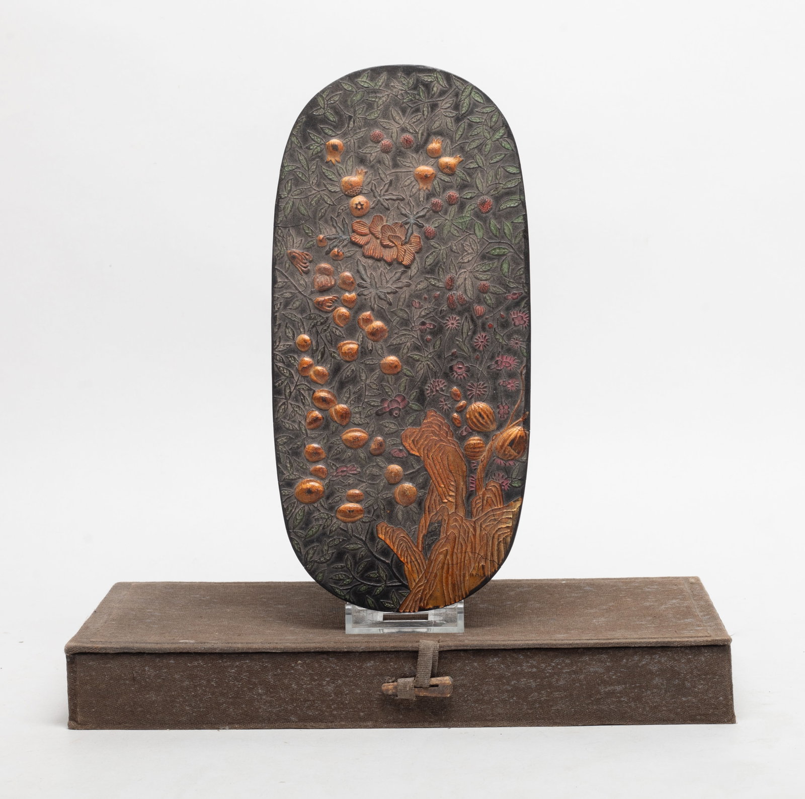 Large Chinese Export Ink Stick: Large Chinese ink stick carved with flowers, fruits and leaves, with box. Approx. 9.1*4.3*0.9 inch (ink size).