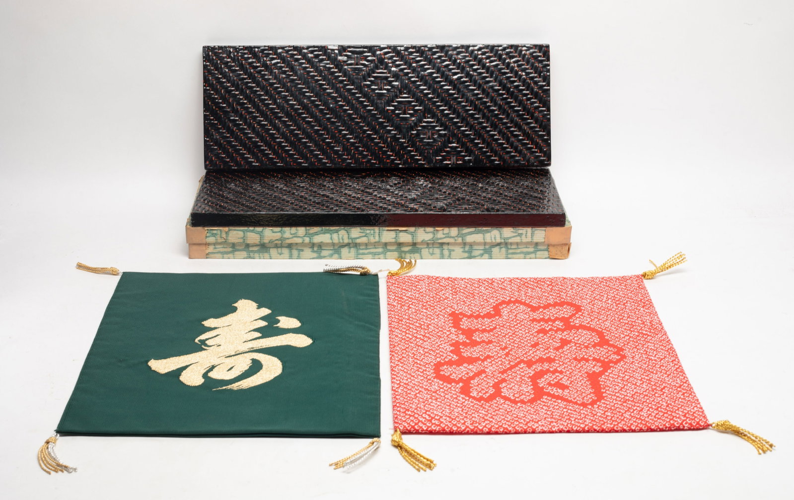 Vintage Japanese Lacquer, Tea Wares: Including a Japanese woven bamboo lacquer box, and two Japanese Fukusa cloth featuring the Shou character for longevity.