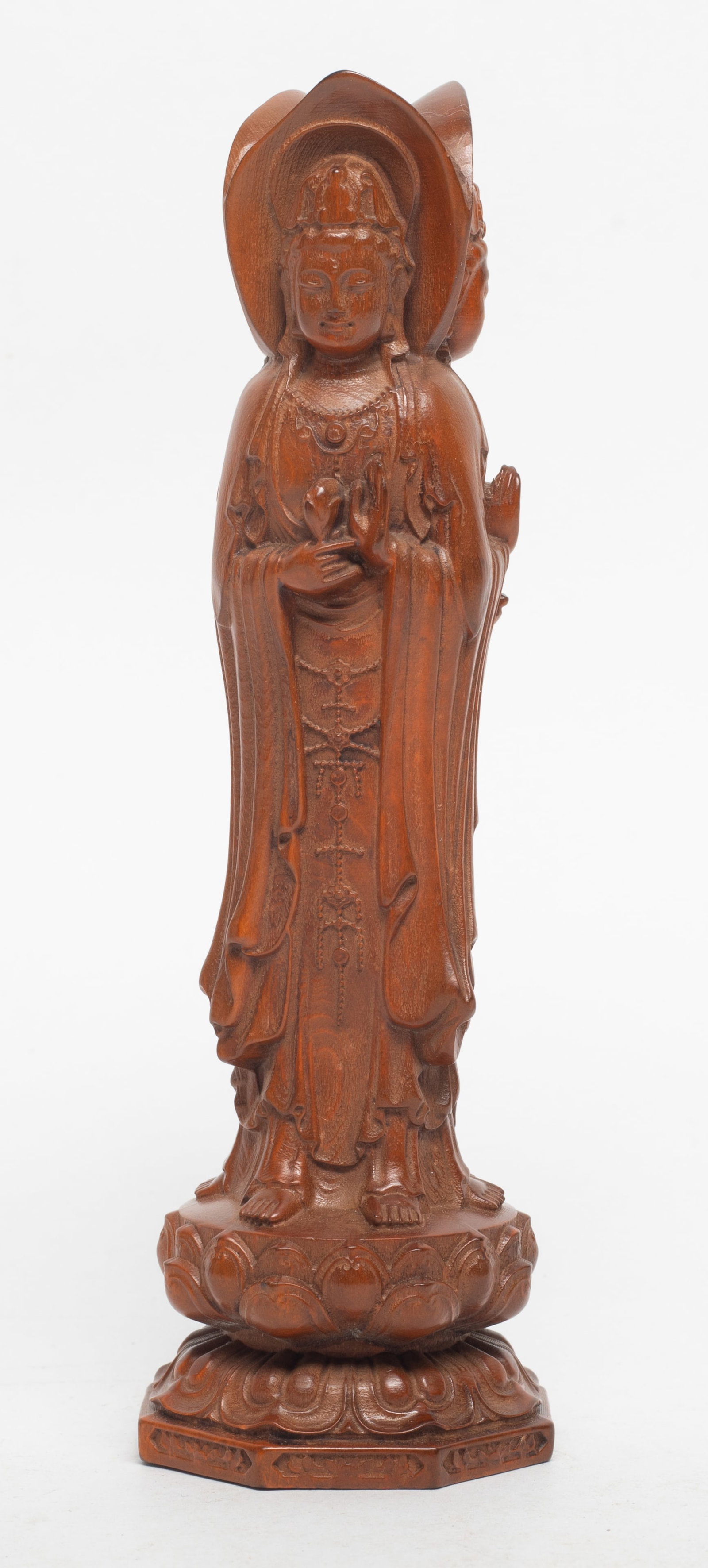 Estate Chinese Wood Cabinet Buddha: Chinese wood sculpture carved as three Buddha standing back to back. Approx. 5.7*1.8 inch.