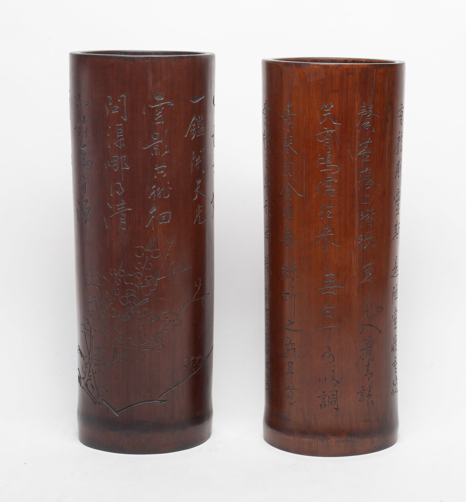 Two Tall Chinese Bamboo Carved Vases: Two tall Chinese bamboo carved vases. Approx. 12.7*4.7*4.2 inch (larger).