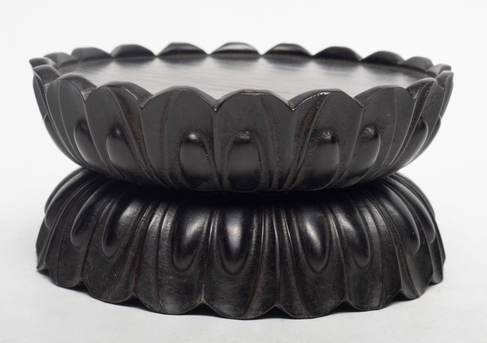 Unusual Chinese Wood Carved Lotus Base: Chinese wood carved double-layer waisted lotus base. Approx. 5.7*2.7 inch.
