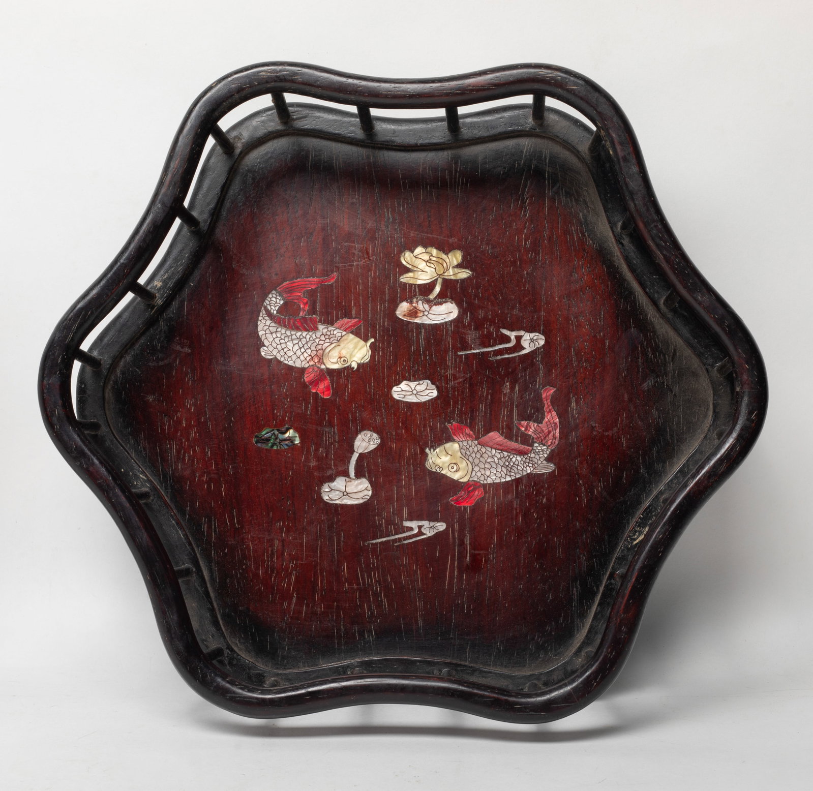 Estate Chinese Wood Carved Deep Tea Tray: Chinese wood carved deep tea tray inlaid with mother-of-pearl. Approx. 13*3.2 inch.