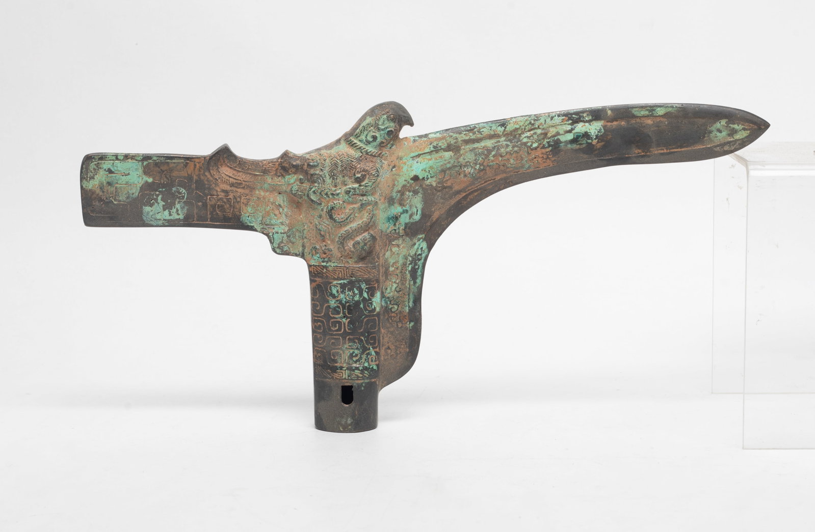 Estate Chinese Export Bronze Piece: Chinese archaic style bronze piece cast with birds and snakes. Approx. 12.3*5.8*1.1 inch.
