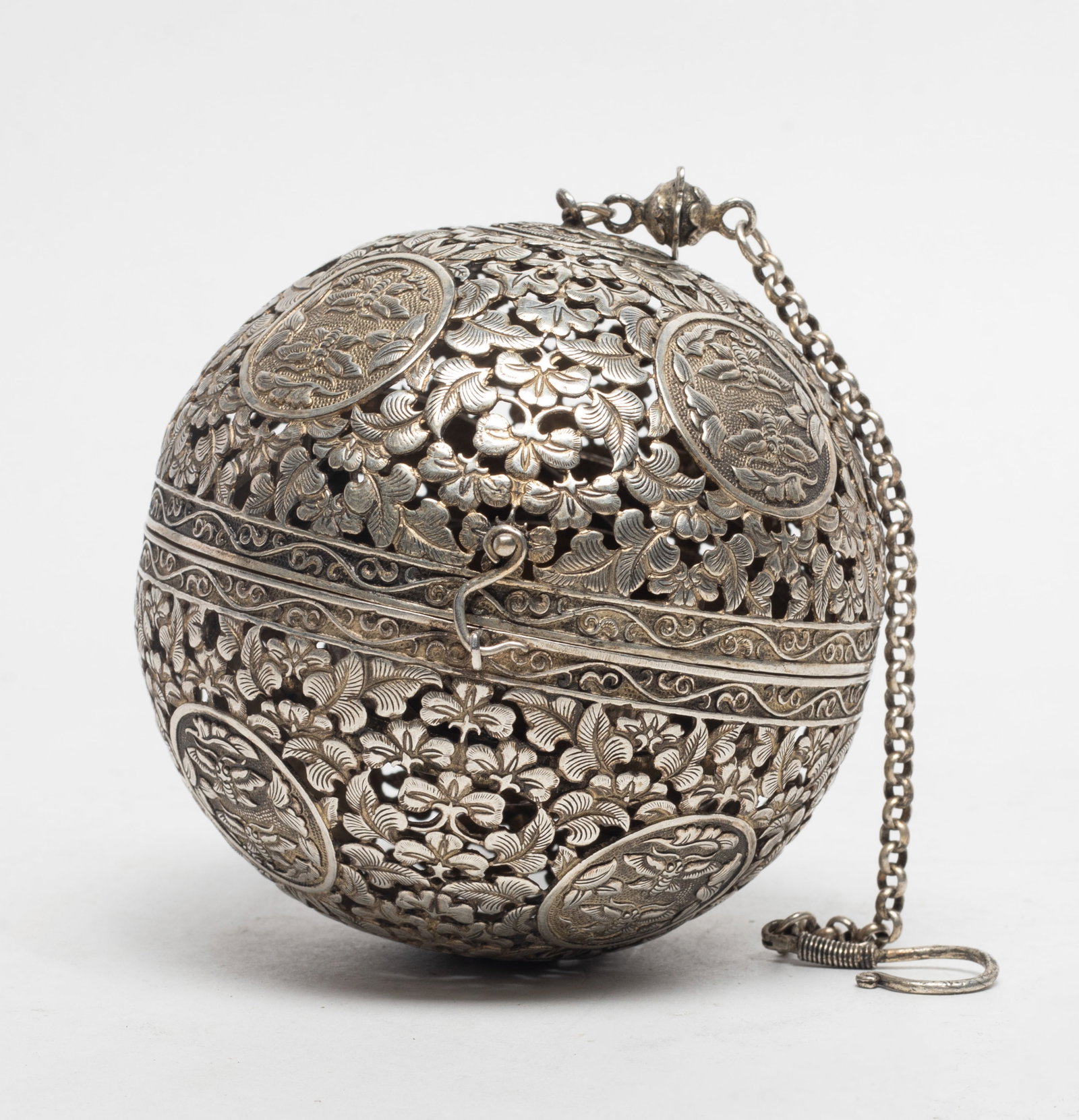 Large Chinese Export Hanging Purse/Incense Burner: Large Chinese hanging sachet incense burner, carved and reticulated with foliage and butterflies. Approx. 3.8 inch D.