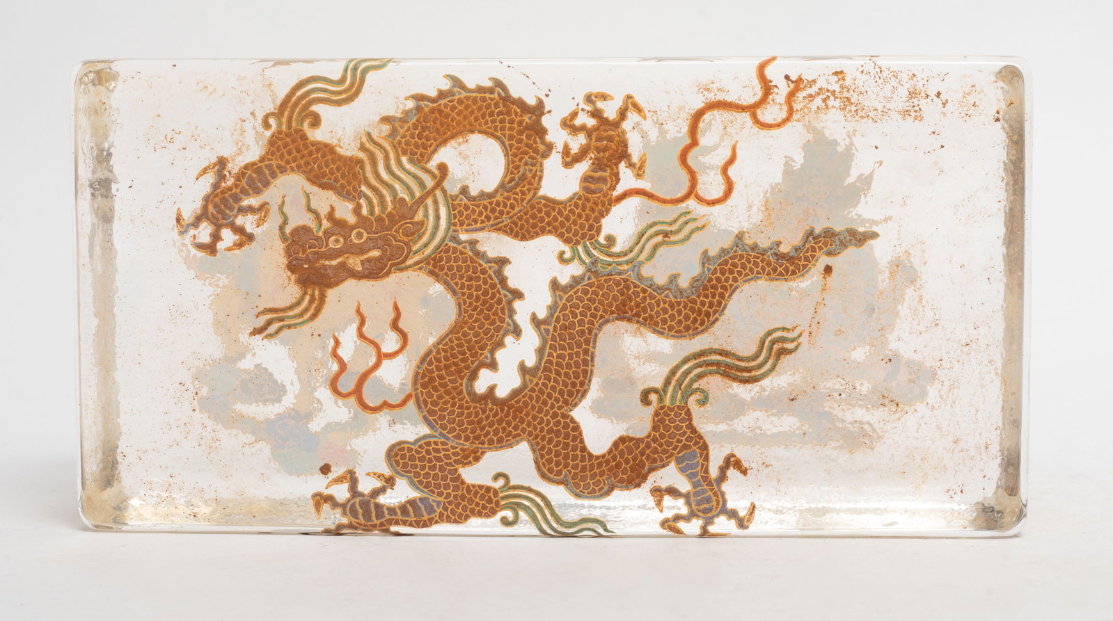 Chinese Glass Made Brick/Tile: Chinese clear glass made brick / tile, decorated with dragon and qilin. Approx. 7.6*3.9*2 inch.