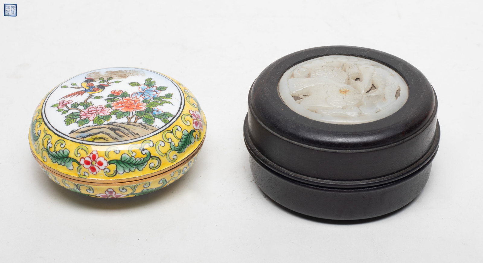 Two Chinese Wood, Brass Ink Boxes: The wood ink box inlaid with openwork stone plaque, the brass ink box enameled flowers and bird, with seal mark to bottom. Approx. 3.15*1.75 inch (larger).