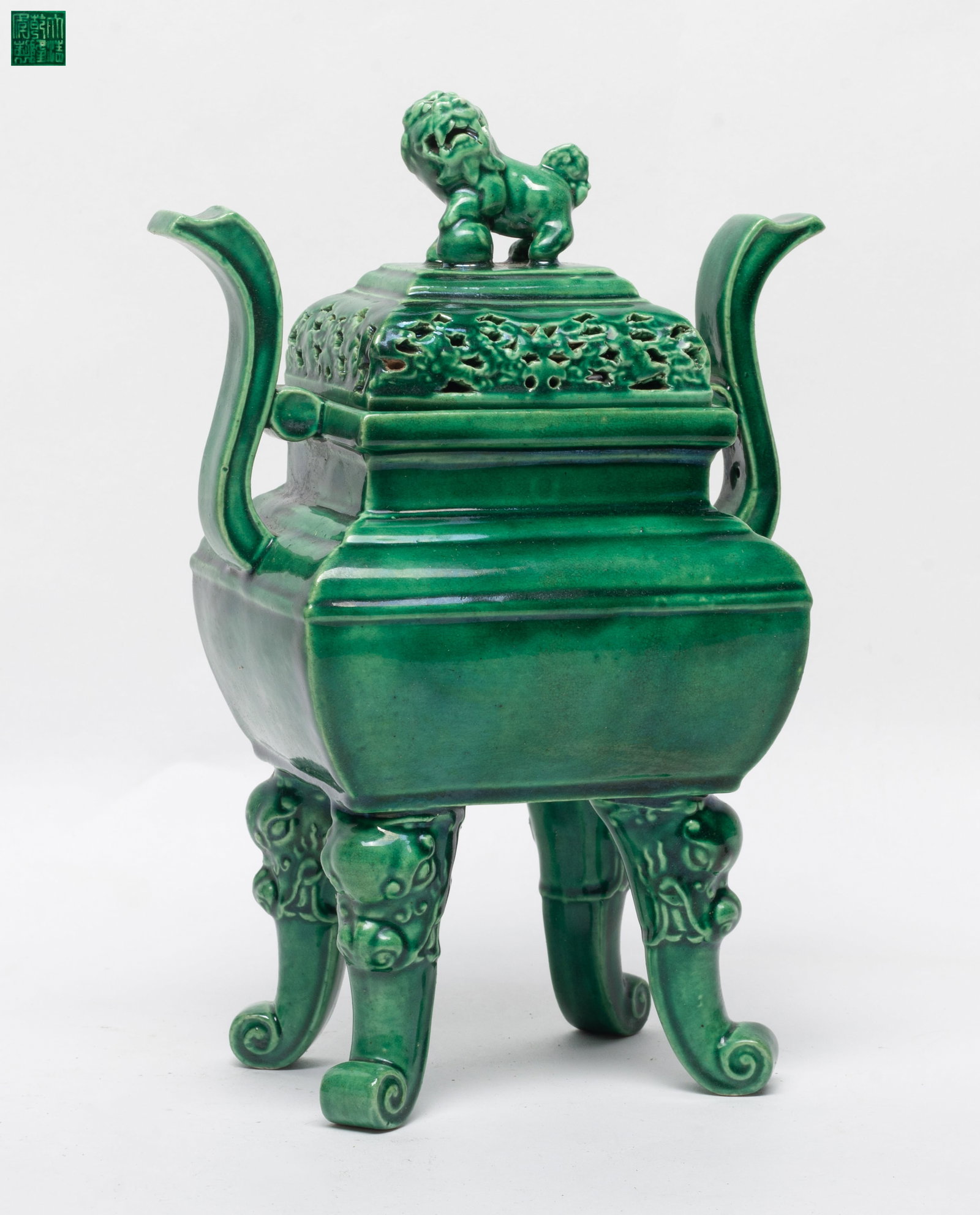 Tall Chinese Turquoise Glazed Porcelain Censer: Tall Chinese turquoise glazed porcelain censer, the body ending with beast-mask cabriole legs, detailed with upright side handles and featuring a foo-dog finial on the lid, the base inscribed with a s