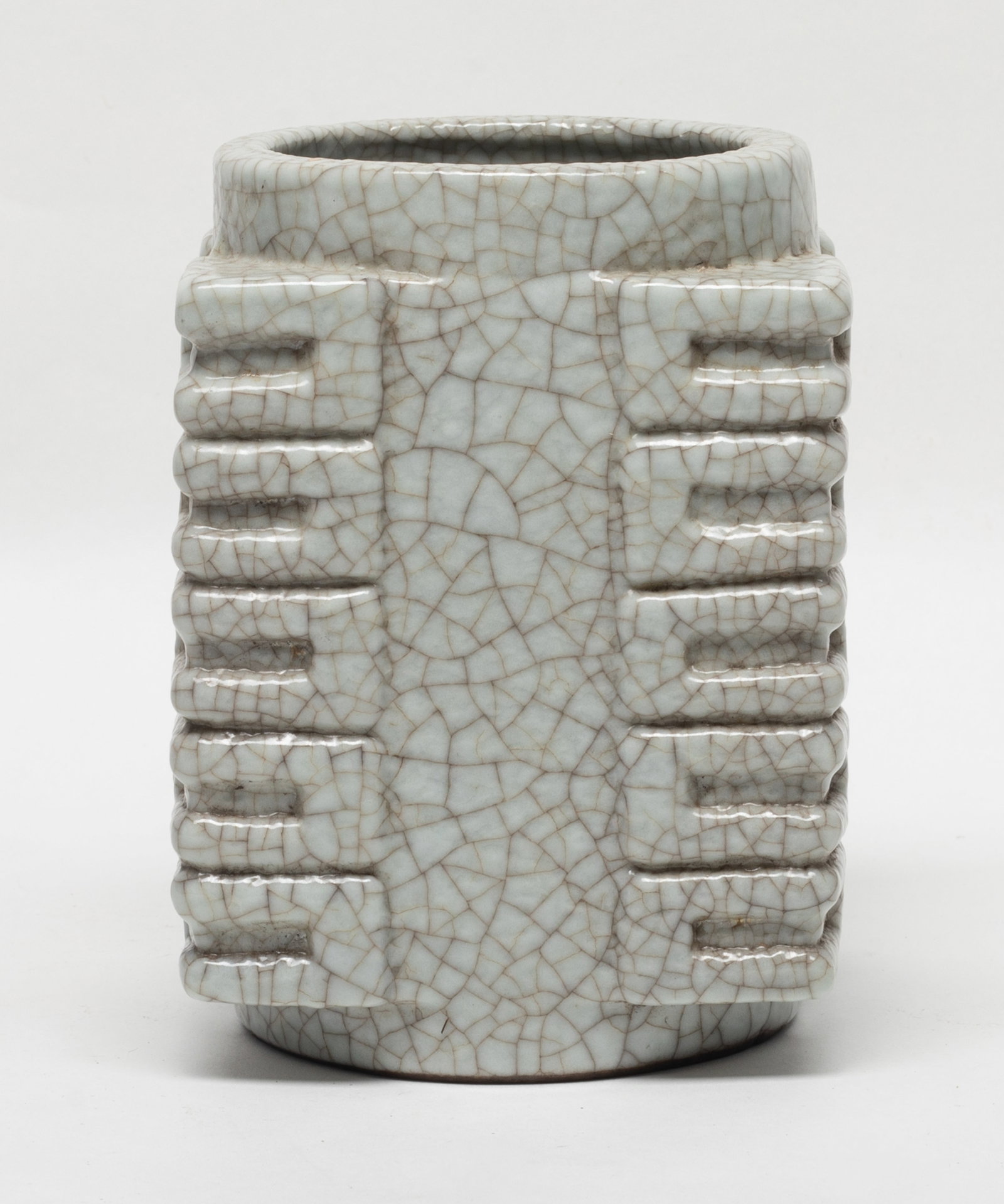 Chinese Ge Type Porcelain Vase: Of rectangular section, pierced through the centre with a cylindrical tube extending to each end. Approx. 4.2*6.1 inch