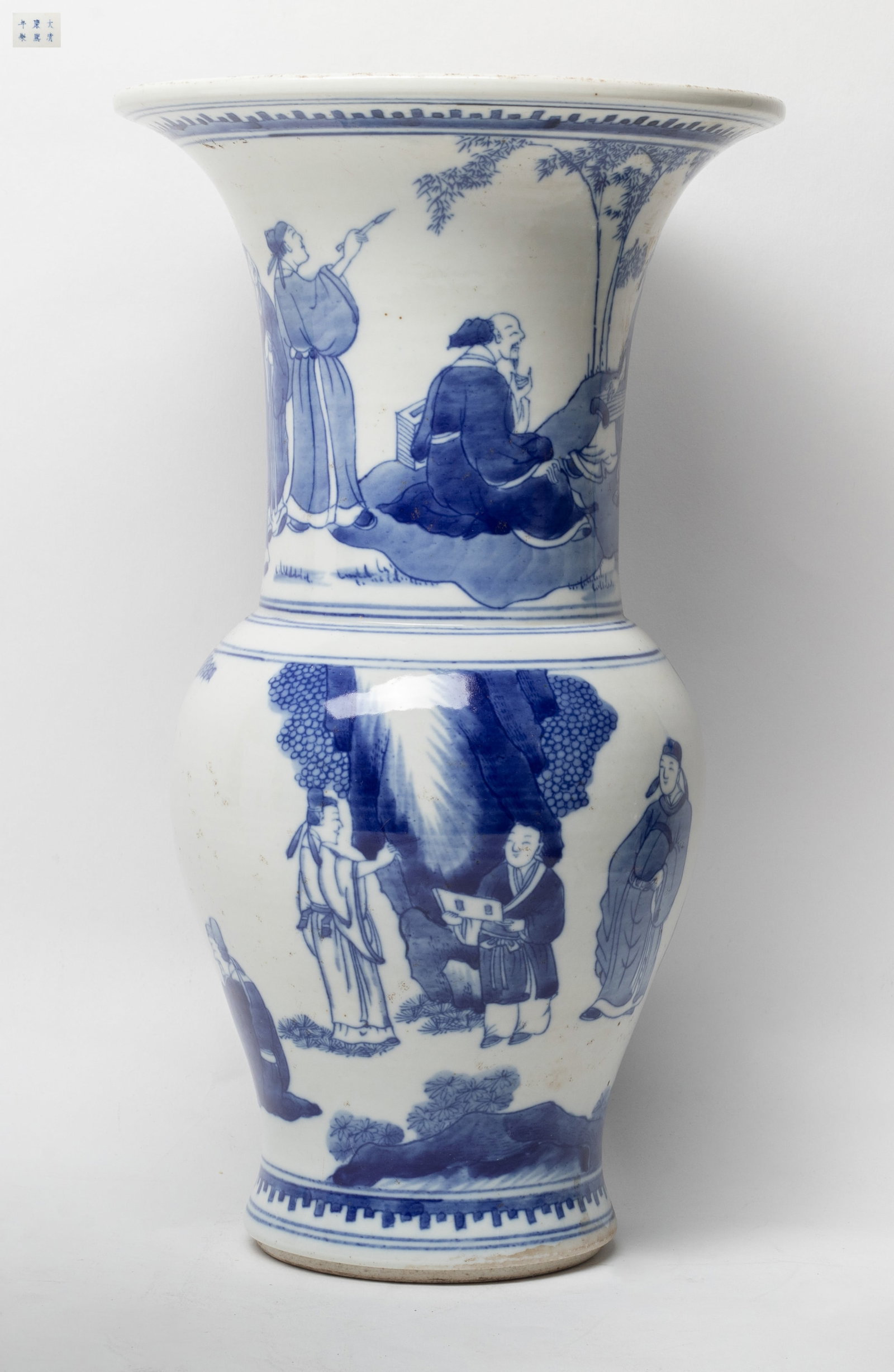 Tall Chinese Blue & White Porcelain Vase: The baluster body rising to a tall slender neck and a flared rim, painted around the body with various figures scene, the base inscribed with a six-character mark. Approx. 7.5*13 inch