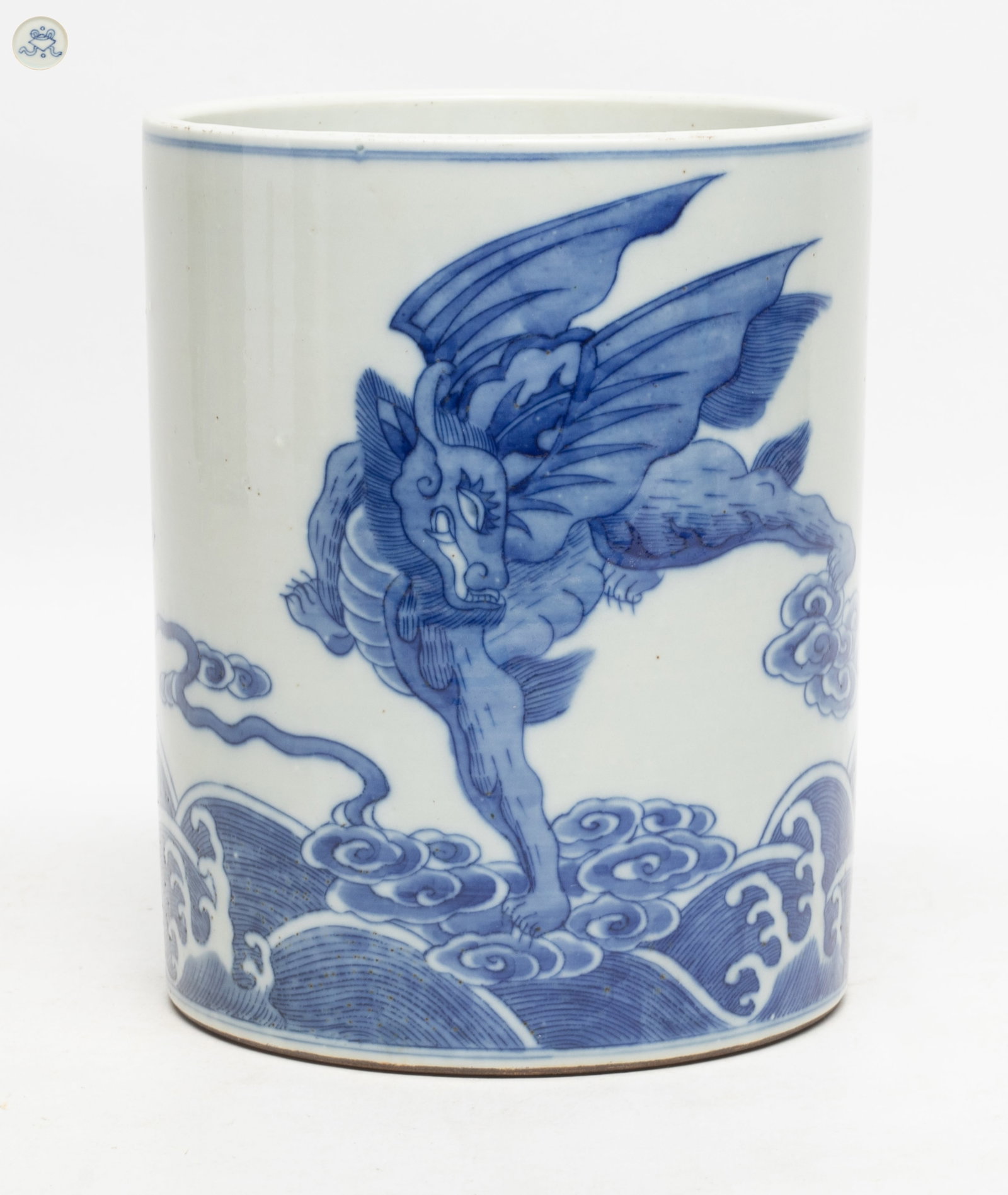 Chinese Blue & White Porcelain Brush Pot: Of cylindrical form, the exterior painted with two mythical beasts among clouds above waves, the bottom marked with a traditional symbol. Approx. 5.4*6.6 inch.