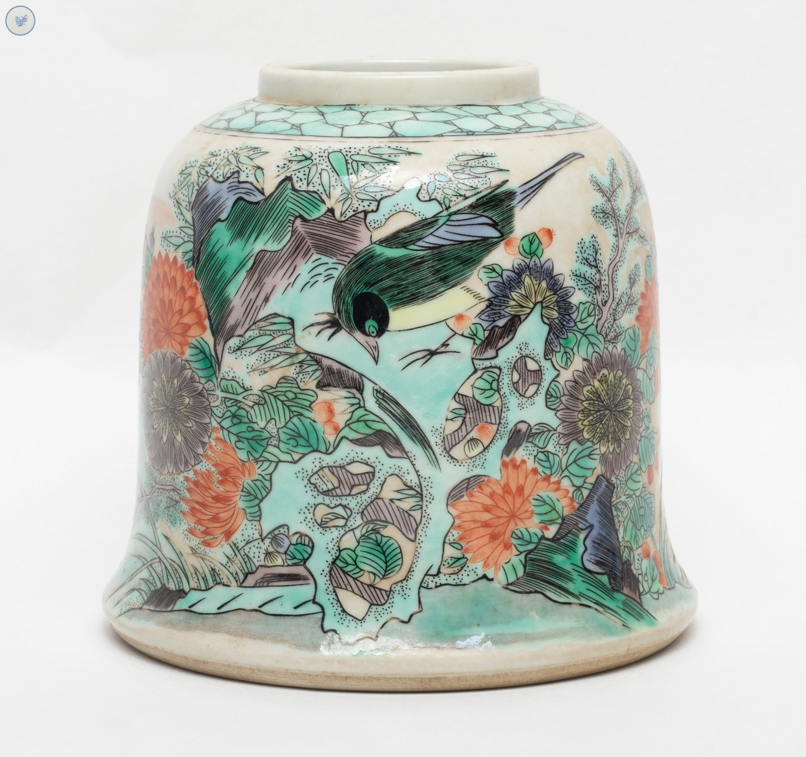 Chinese Export Wuchai Porcelain Water Pot: Of bell shape, the body exterior painted with vibrant flowers and perching birds pattern, the base inscribed with floral pattern mark within double circle. Approx. 4.7*5.1 inch