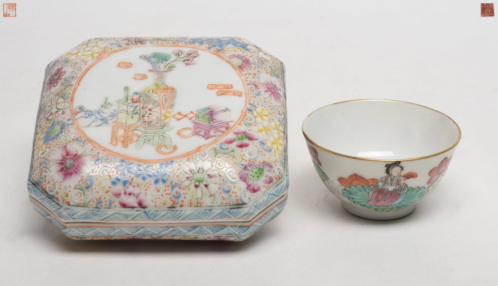 Chinese Porcelain Cup, Covered Box: Chinese enameled porcelain cup with six-character mark to bottom, and covered box with seal mark to bottom. Approx. 4*4*1.6 inch (box size).