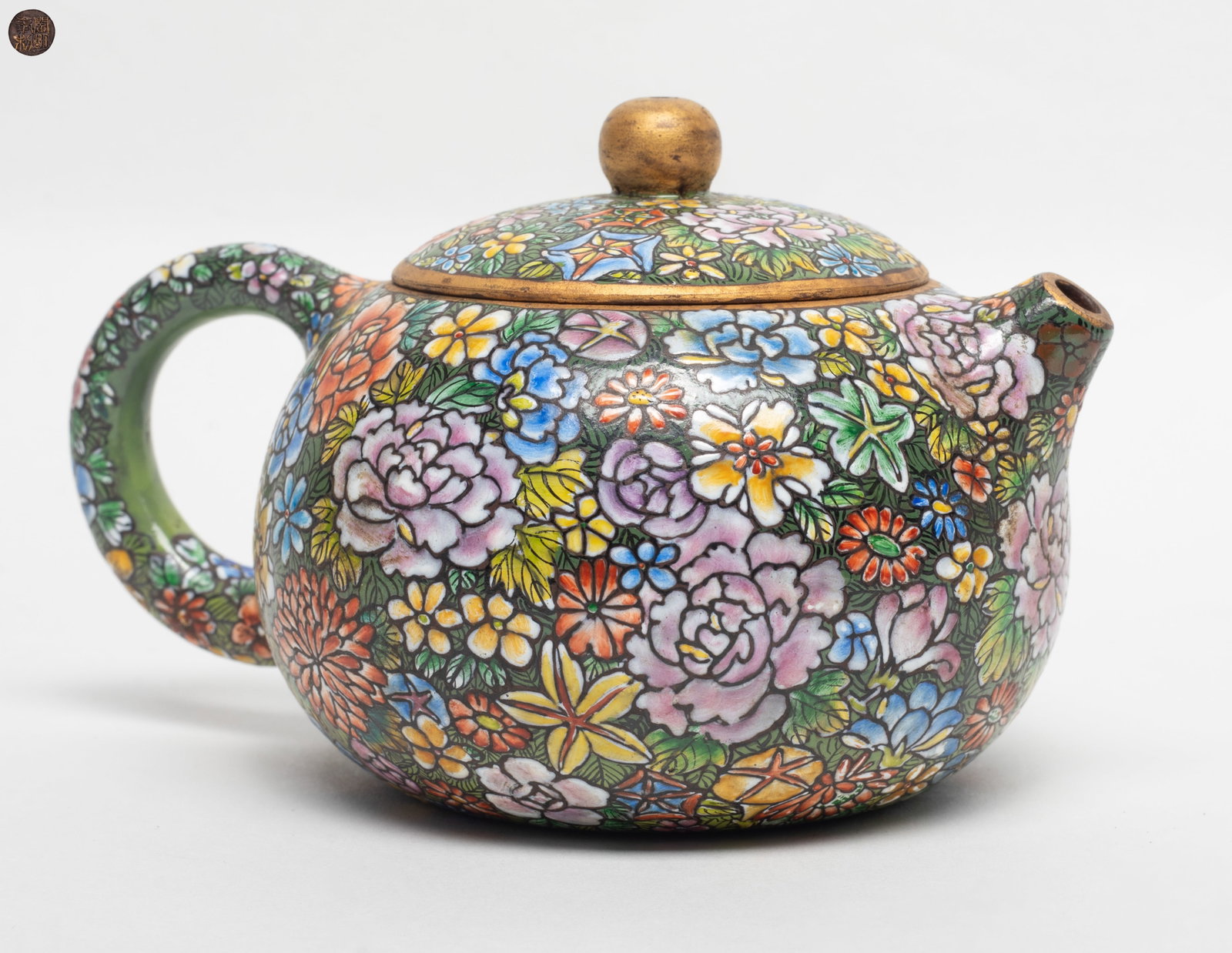 Chinese Export Yixing Zisha Tea Pot: Chinese export yixing zisha tea pot, the exterior painted with brilliant color of blossom floral patter, the base inscribed with a mark. Approx. 5.3*3.1 inch