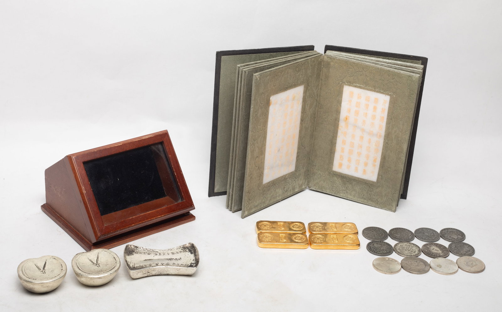 Chinese Stone Book, Metals, Decors: Group of metals, fengshui coins, decors and stone book. Size varies.