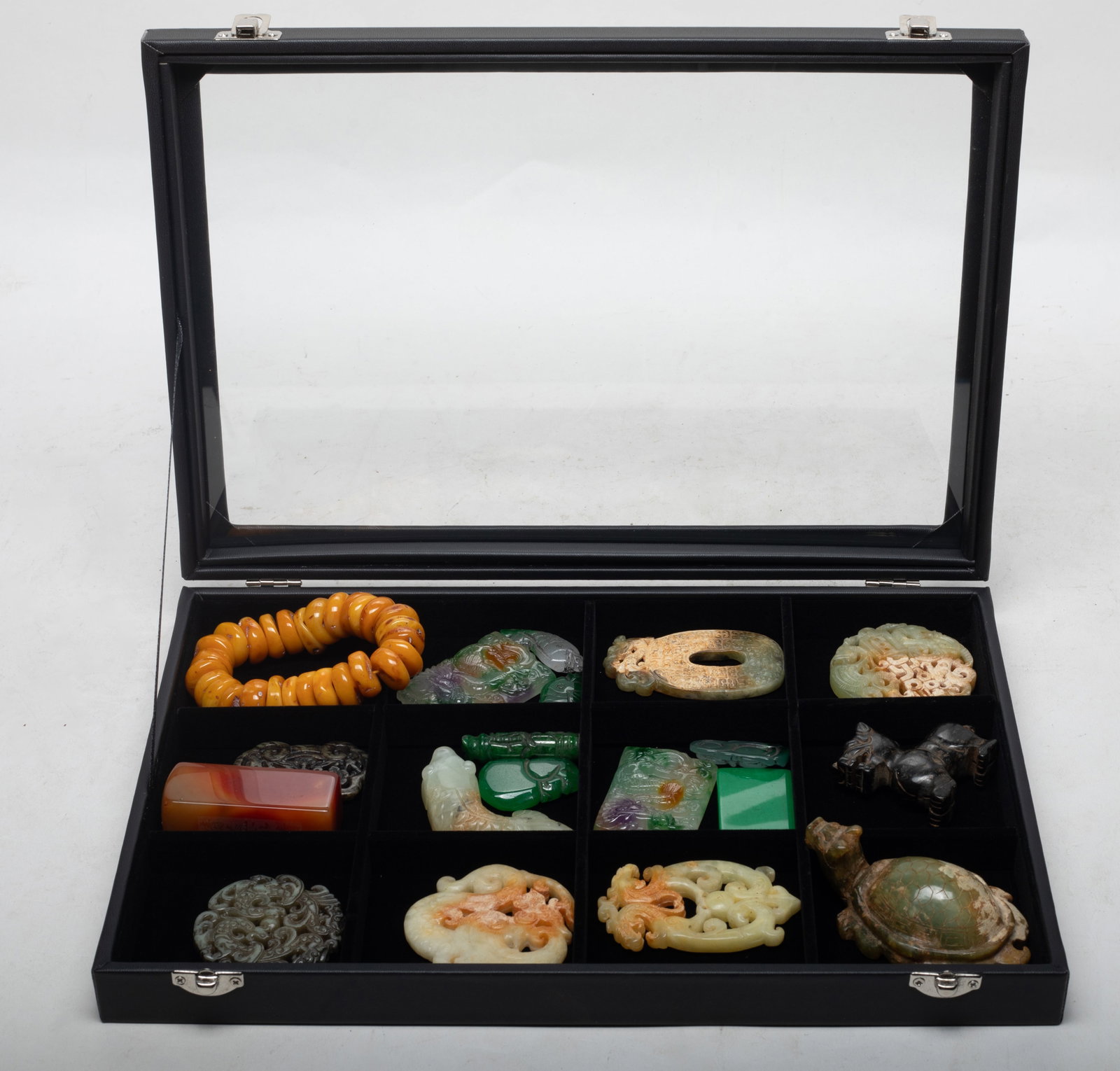 Set Chinese Export Colored Stone Carvings: Group of Chinese export colored stone carvings including pendants, seal and bracelet etc. Size varies.