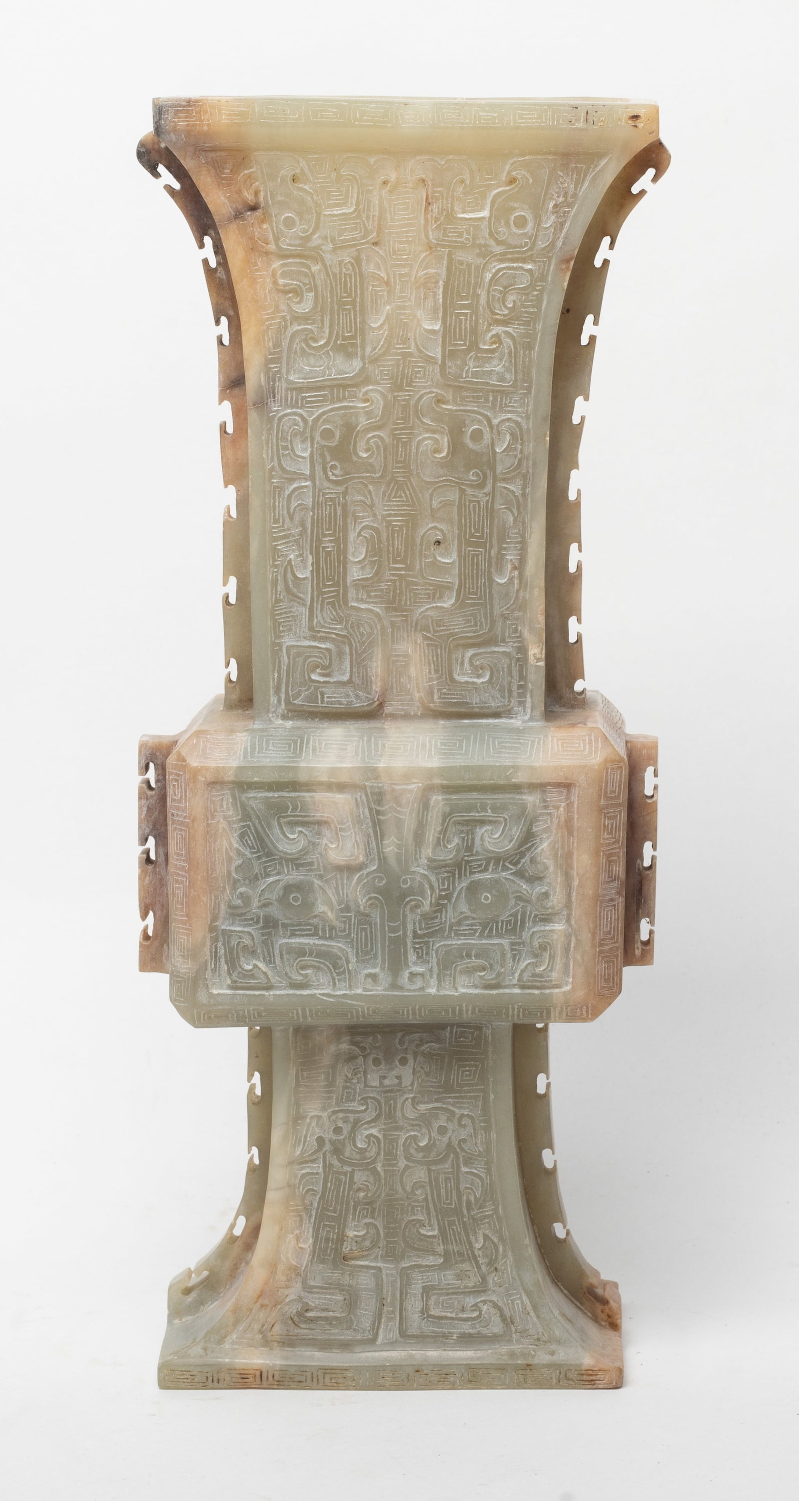 Estate Chinese Jade/ Stone Carved Vase: Estate Chinese jade/stone carved vase, connected to a middle section in a rectangular form, the body carved with archaistic pattern. Approx. 10.6*4 inch