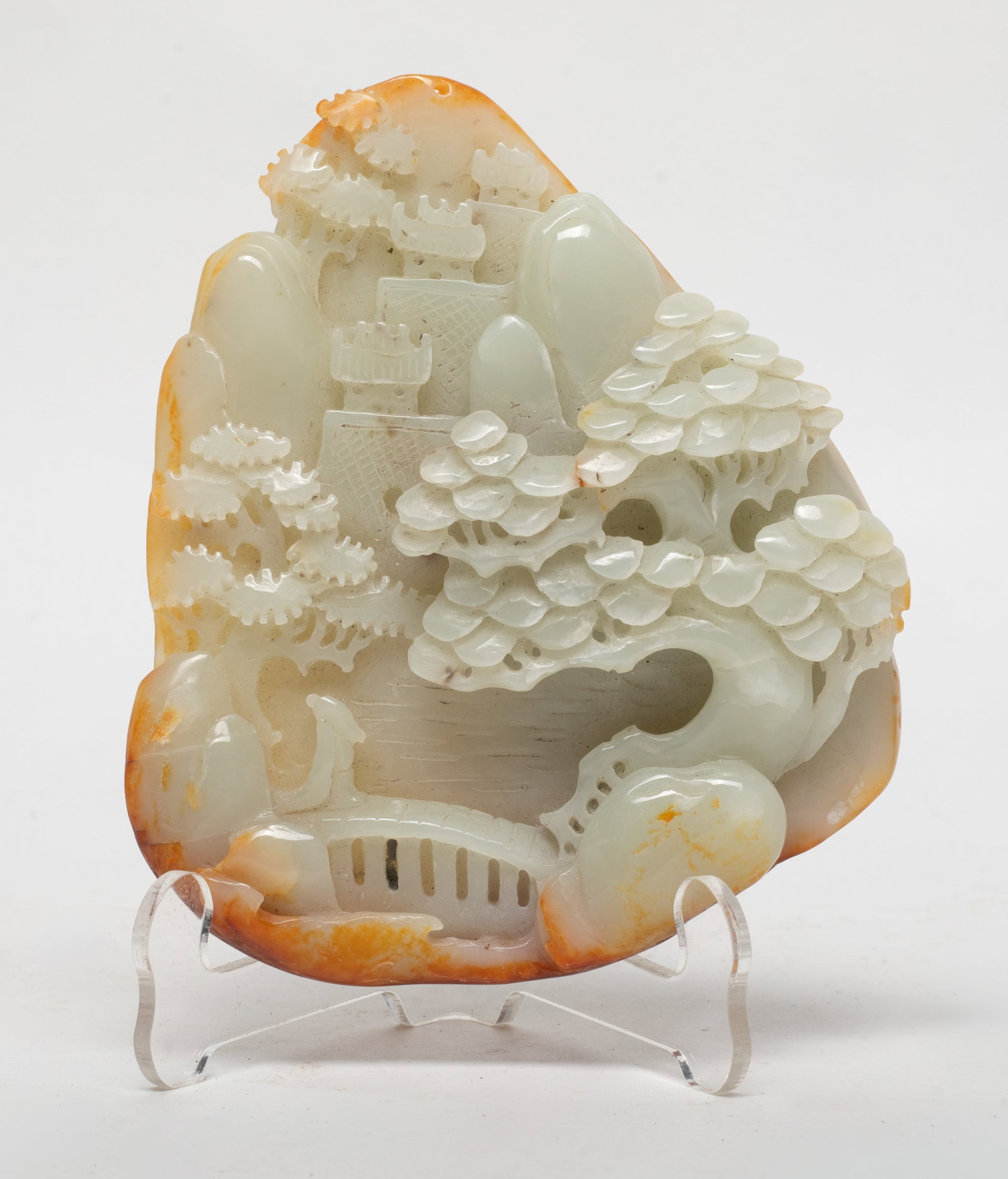 Vtg. Chinese Jade Carved Sculpture: Vintage Chinese jade sculpture, carved in relief with layered pine trees, rock formations, and pavilion motif. Approx. 3.91*4.55 inch