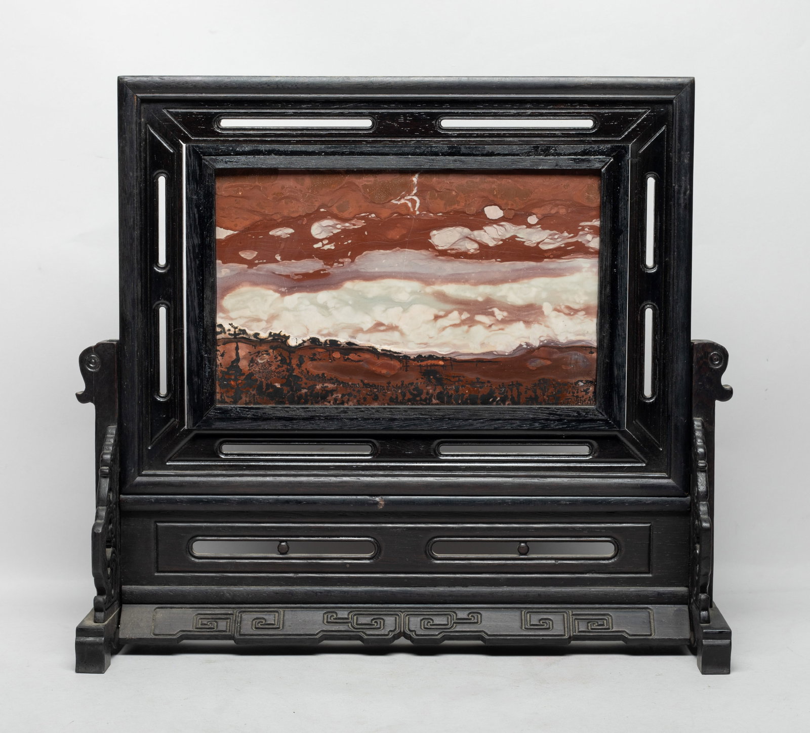 Vtg. Chinese Wood Table Screen Inlaid Marble: Collectible Chinese wood table screen, of rectangular shape, inlaid with a marble panel. Approx. 15.7*14.2*5.1 inch,The Estate of Los Angeles. CA. 2024.