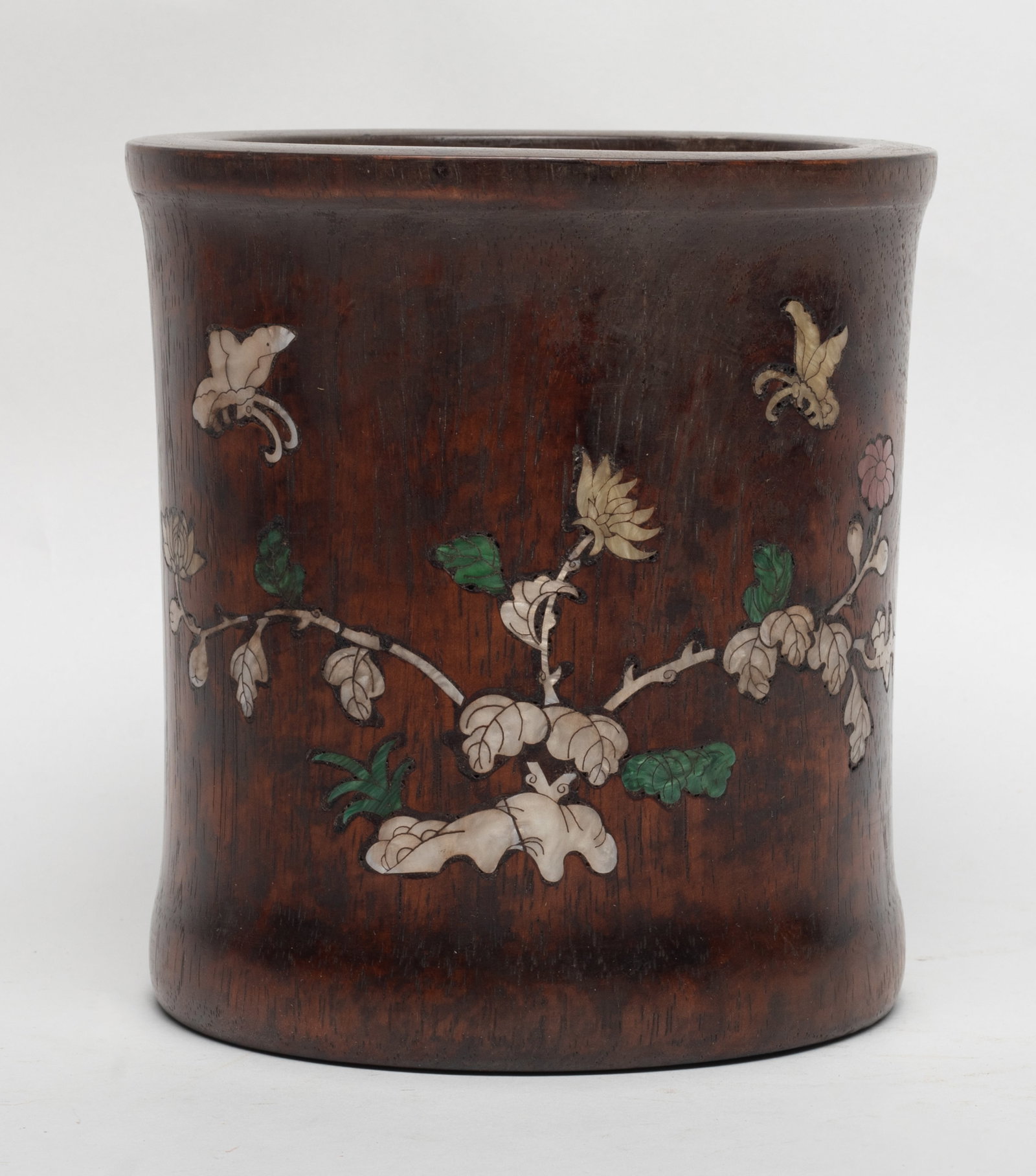 Estate Chinese Wood Brush Pot: Estate Chinese wood brush pot, the exterior inlaid with stone, depicting butterflies flying amongst blossom floral, with an aperture. Approx. 5.9*6.2 inch