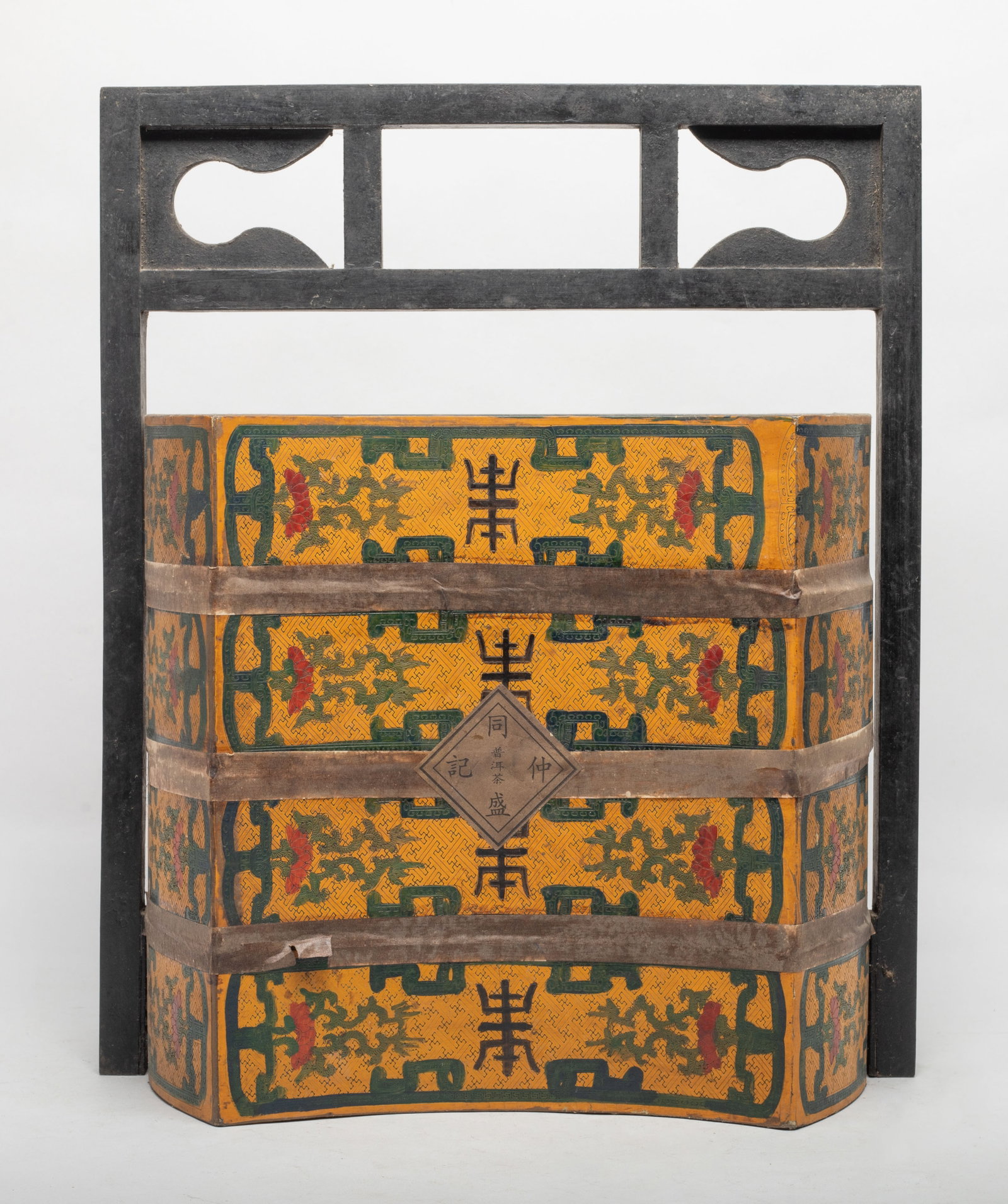 Large Chinese Lacquer Box of Tea: Large Chinese four-tire yellow lacquer box of tea, with a carrying handle. Approx. 13.6*16.5*8 inch