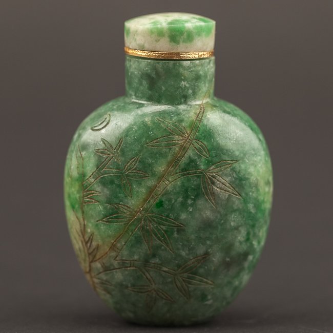 19th Chinese Antique Carved Jade Snuff Bottle: Flattened ovoid form, carved bird and bamboo, from a big family in NYC, aquired in London Bonhams around 1980. 6.4cm high (with stopper)