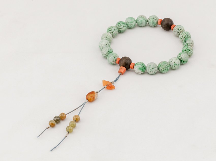 Chinese Antique Jade Prayer Beads: Nice and detailed; eighteen main beads are all carved Burma jade, spaced by 2 agarwood. This style was popular in 19th century in China. From the Estate of Mr.Kurt.H.Will. 1980. 1.35cm bead diameter
