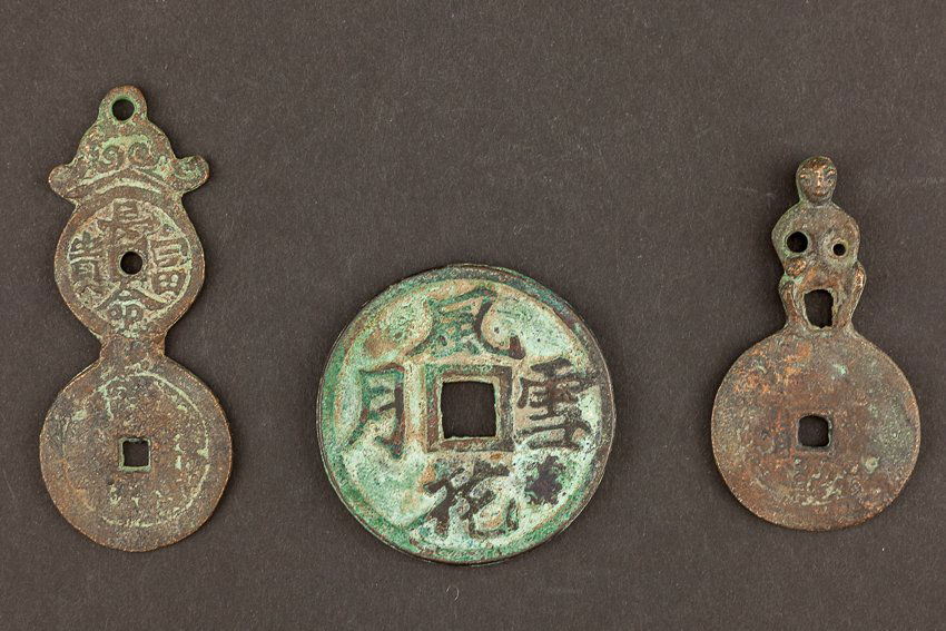 Group of 3 Chinese Antique Coins: 3 Chinese 19th century coins, carved typical 19th century erotic subject