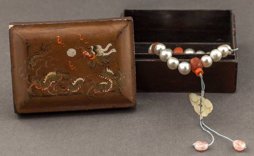 19th Chinese Antique Pearl Prayer Beads: 19th century eighteen main pearl beads spaced by four ancient agate beads; a carved jade suspending on the item, one jade hanged on the main beads two hair tourmaline drop style beads on the end,