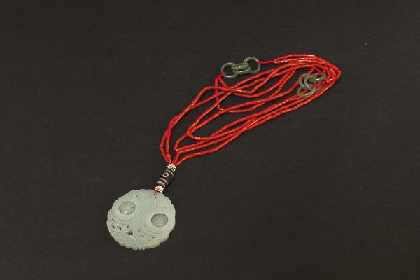 19th Chinese Antique Jade Plaque on Coral Necklace (1 of 8)