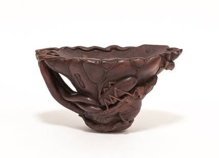 Chinese Antique Agarwood Cup: Nice carved agarwood cup; typical 19th century; copy the design of rhinoceros horn cup; with exterior design of cricket. Collector acquired it at Chinese import and export antique store around 1985.Th