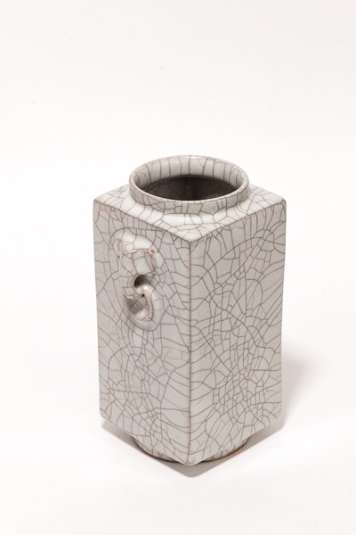 Chinese Antique Glazed Porcelain Vase: Middle of Qing dynasty Ge-type vase; of rectangular form with ring foot; the standard shape comprised of a rectangular body above a cylindrical foot and below a tapered cylindrical mouth and covered i