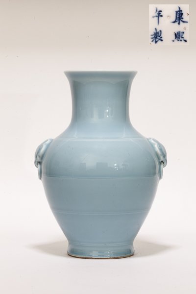 18th Chinese Antique Lavender-Glazed Porcelain Vase: Blue glazed Qing dynasty Qianlong period porcelain vase; and molded with two elephant mask fluxing-ring handles; characters marked on the bottom. 31.2 cm H