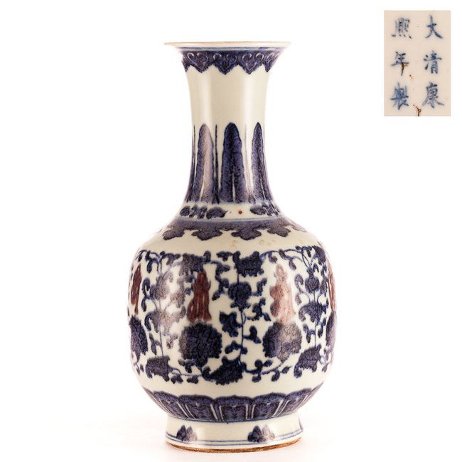 Chinese Antique Blue&White Rose Famille Porcelain Vase: Qing dynasty antique vase; covering by blue&white rose famille; the exterior decorated with lottus pattern; Kangxi mark and probably of that period. 12 inch H