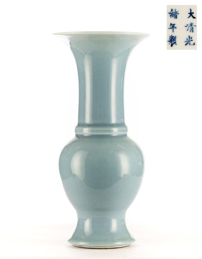 Chinese Antique Blue Glazed Porcelain Beaker-Form Vase: Chinese enameled porcelain vase; the beaker form vase covers with blue monochrome; Kuangxu mark and of that period. 13.5 inch H