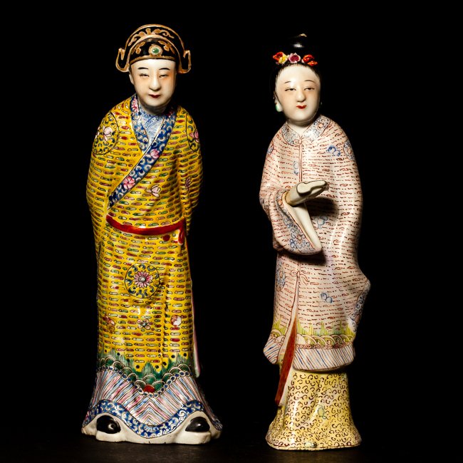Chinese Antique Rose Famille Porcelain Figures: Pair of antique, nice and detailed late 19th rose famille porcelain figures. 8 inch H