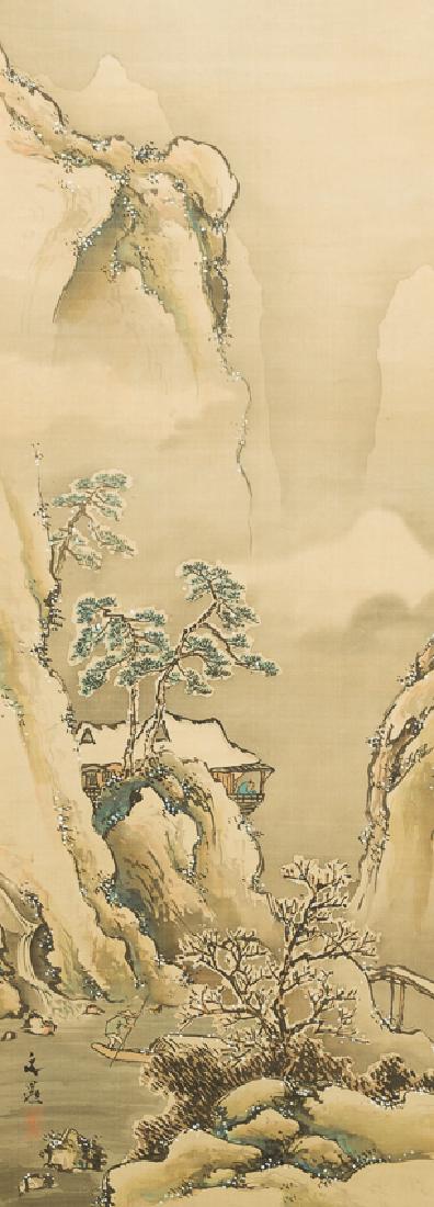 Chinese Antique Painting: In rectangular form, the panting is illustrating a scene of a canon with a river between it, a house is on the edge on one side of the canyon with people appreciating the gorgeous scene while an old m