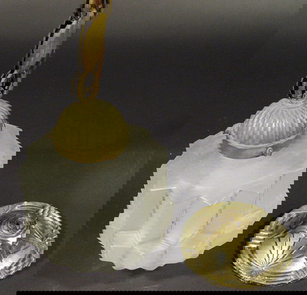 Art Deco moulded glass ceiling light fitting with: Art Deco moulded glass ceiling light fitting with frosted finish and metal stem, 47cm high