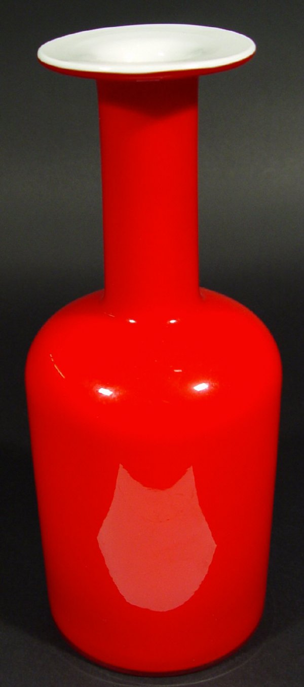 Red Holmegaard glass bottle vase, 31cm high: Red Holmegaard glass bottle vase, 31cm high