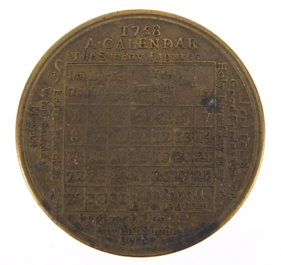 18th century brass calendar coin, dtaed 1758, 4.2cm in