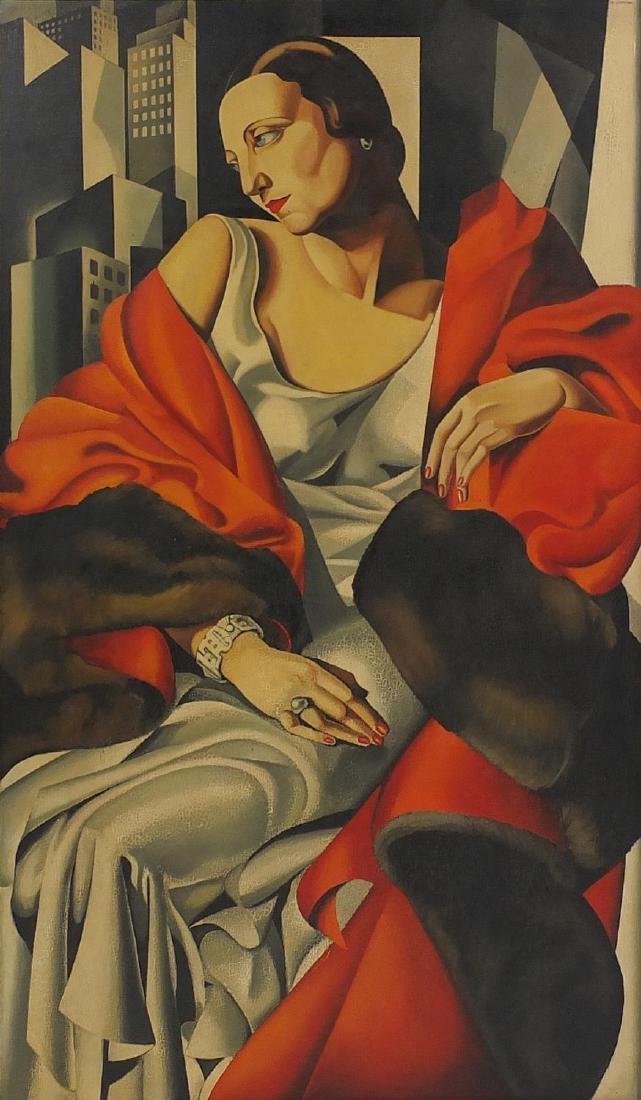Follower of Tamara de Lempicka - Madame Boucard with: Follower of Tamara de Lempicka - Madame Boucard with backdrop of New York Skyscrapers, oil onto board, framed, 127cm x 75cm