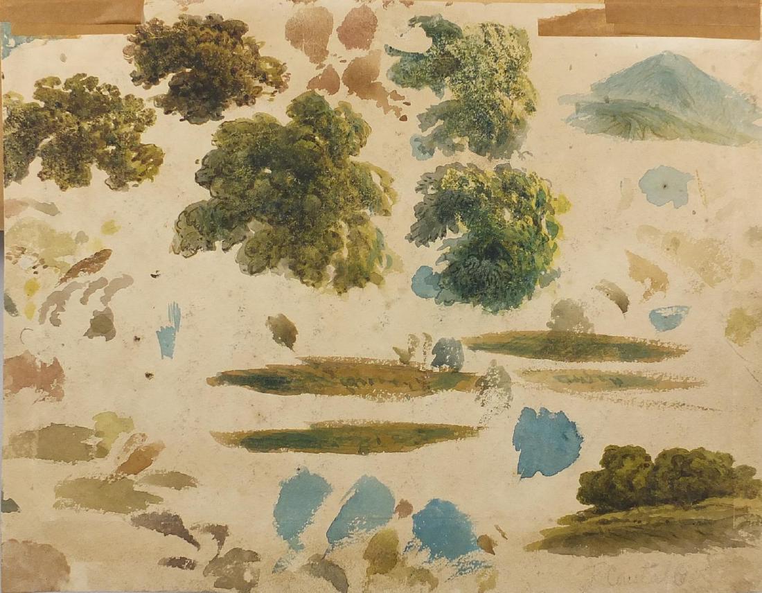 Preliminary sketch of trees and hills, watercolour onto: Preliminary sketch of trees and hills, watercolour onto card, on the reverse of a watercolour, the sketch bearing a signature J Constable, backed onto card inscribed John Constable, Greenwich, studies