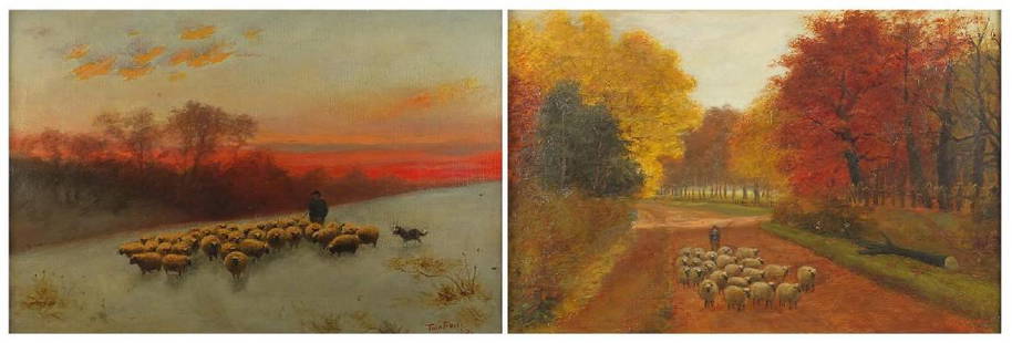 Tom Price - Shepherds at sunset, pair of 19th century: Tom Price - Shepherds at sunset, pair of 19th century oil onto canvases, framed, each 44cm x 29cm