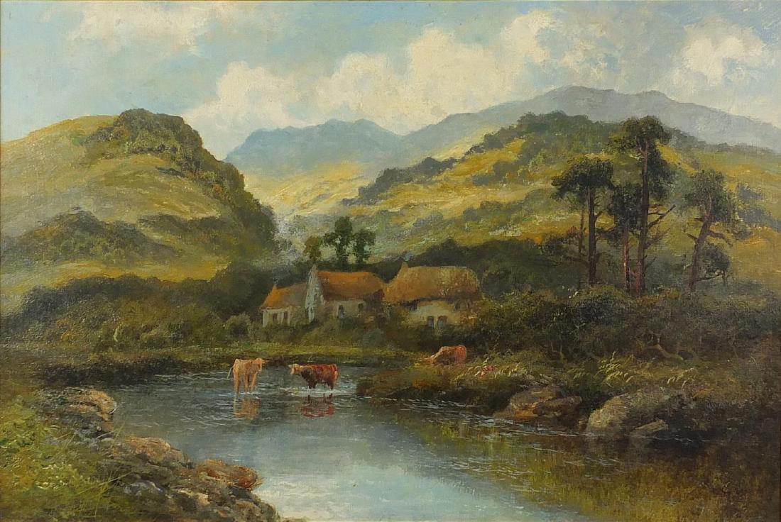 William Langley - Mountain landscape with farm houses and cattle in water, oil on canvas, framed,: William Langley - Mountain landscape with farm houses and cattle in water, oil on canvas, framed, 59cm x 39cm