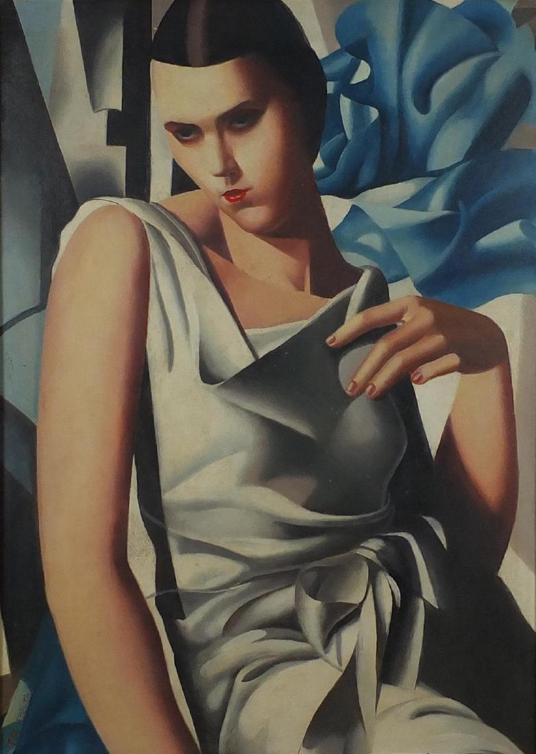 Manner of Tamara de Lempicka - Top half portrait of an Art Deco female, oil on board, mounted and: Manner of Tamara de Lempicka - Top half portrait of an Art Deco female, oil on board, mounted and framed, 69cm x 49cm
