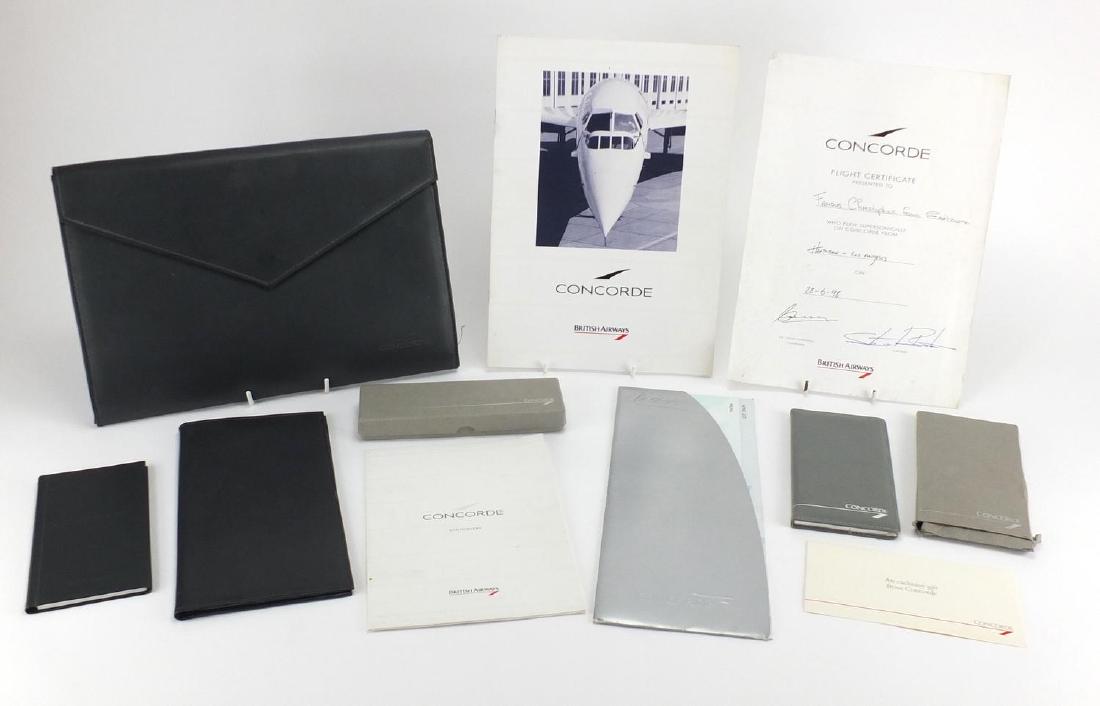 Concorde memorabilia including folder, wallet, menu and signed flight certificate: Concorde memorabilia including folder, wallet, menu and signed flight certificate