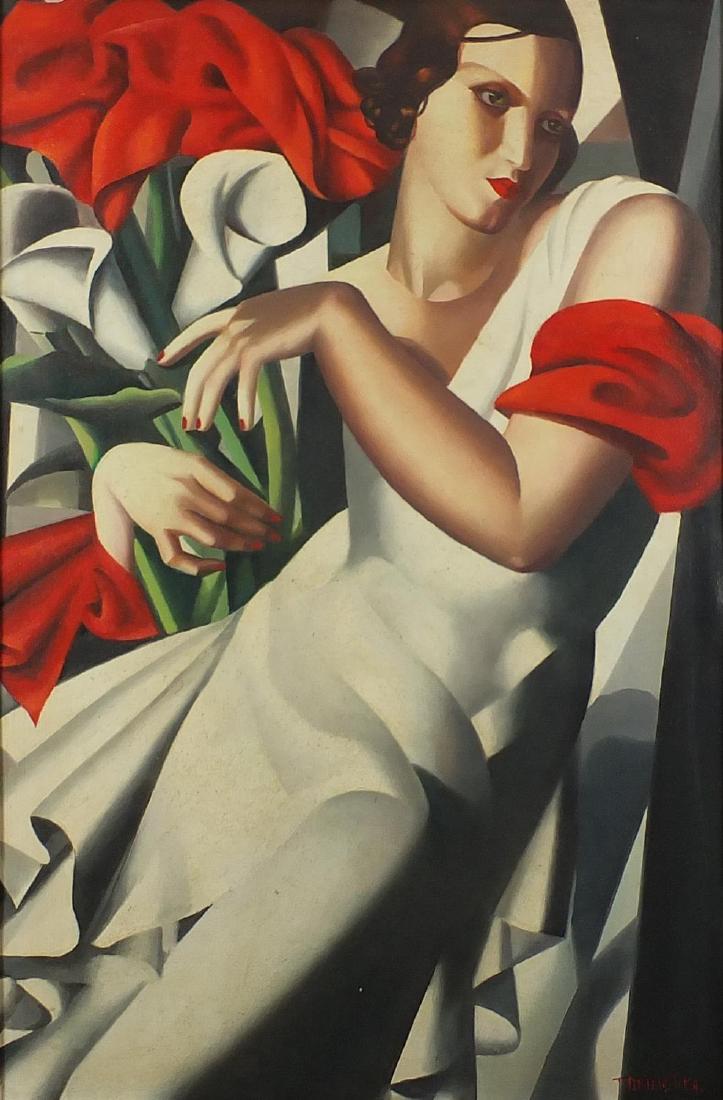 Manner of Tamara de Lempicka - Portrait of an Art Deco female holding flowers, oil on board, mounted: Manner of Tamara de Lempicka - Portrait of an Art Deco female holding flowers, oil on board, mounted and framed, 89cm x 59cm