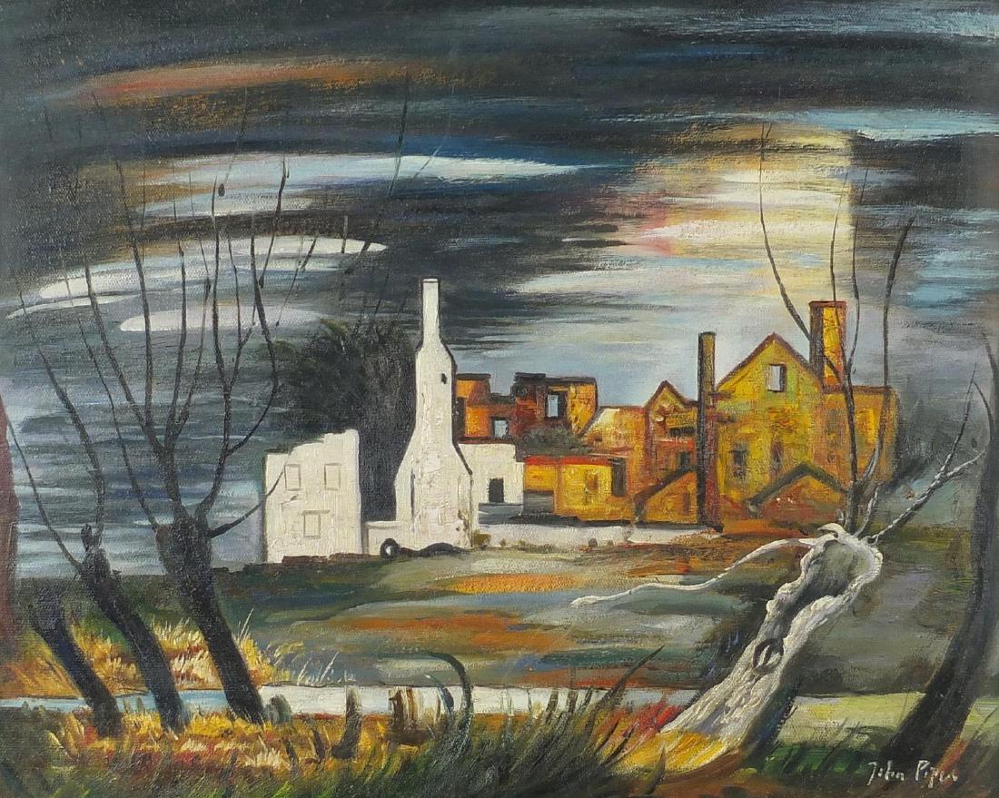 Surreal landscape with buildings, oil on board, bearing a signature John Piper, framed, 50.5cm x: Surreal landscape with buildings, oil on board, bearing a signature John Piper, framed, 50.5cm x 40cm