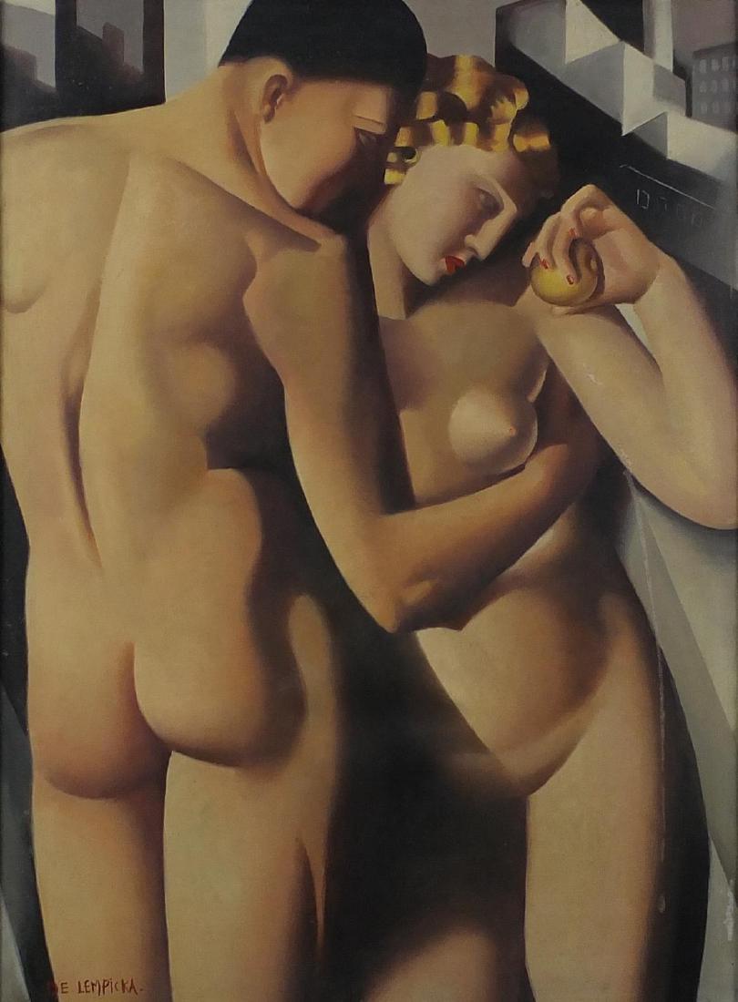 Manner of Tamara de Lempicka - Two nude Art Deco figures, oil on board, inscribed verso, framed,: Manner of Tamara de Lempicka - Two nude Art Deco figures, oil on board, inscribed verso, framed, 71cm x 53cm