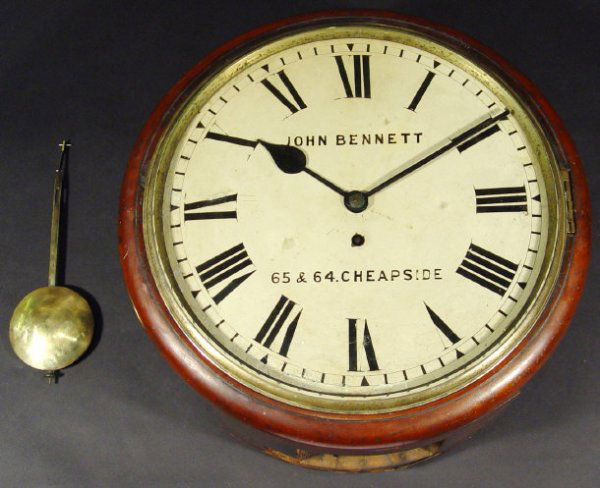 Victorian mahogany cased wall clock with fusee mov: Victorian mahogany cased wall clock with fusee movement the dial painted 'John Bennett Cheapside', 36cm diameter