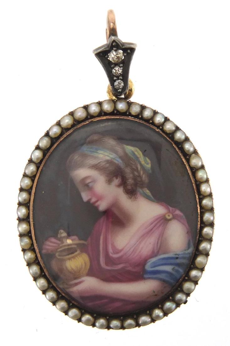 Unmarked gold, hand painted portrait pendant with seed: Unmarked gold, hand painted portrait pendant with seed pearl surround and diamond suspension loop, housed in a tooled leather silk lined box, 4.5cm in length, approximate weight 10.4g